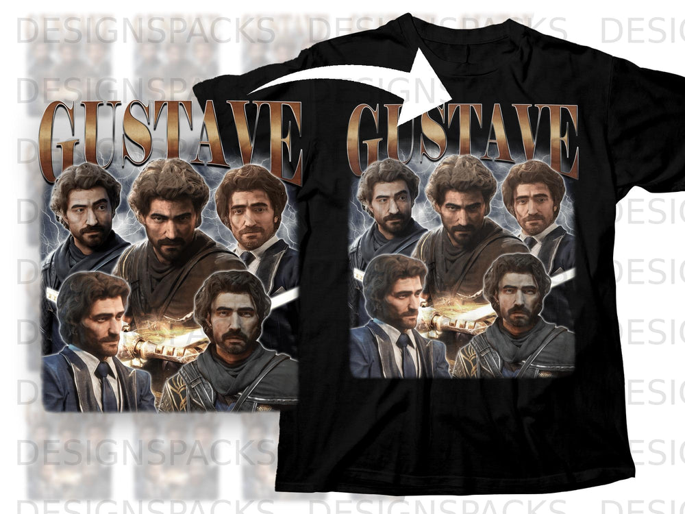 Black t-shirt with "GUSTAVE" text and a collage of men's portraits.