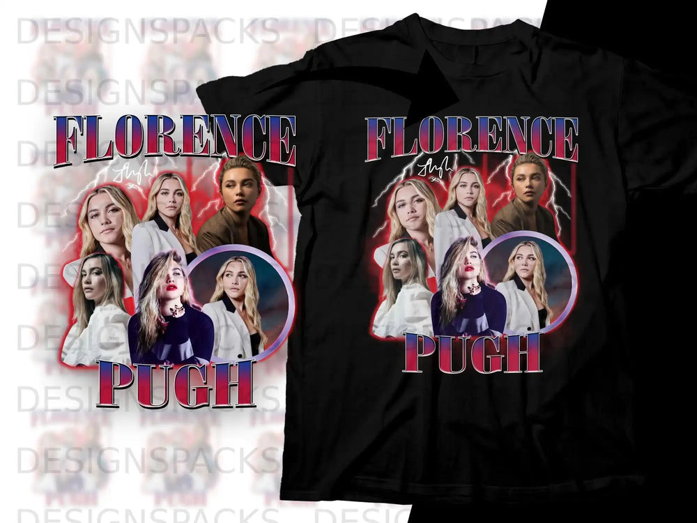 Florence Pugh graphic tee design with multiple portraits and bold text.