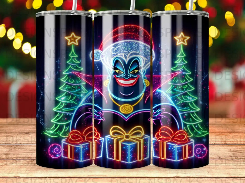 Ursula in Santa hat with Christmas trees and glowing gift boxes.