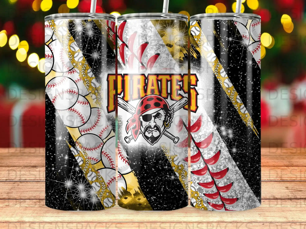 Pirates skull logo on baseball pattern tumbler with glitter and gold accents.