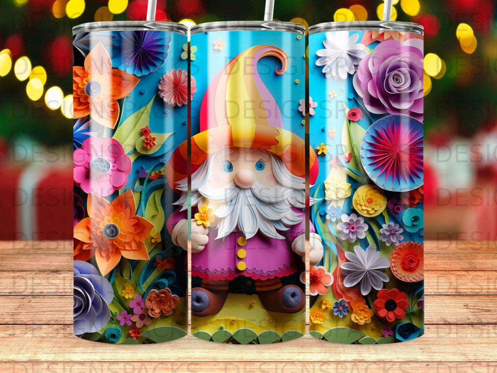 Gnome character surrounded by colorful paper flowers and striped background.