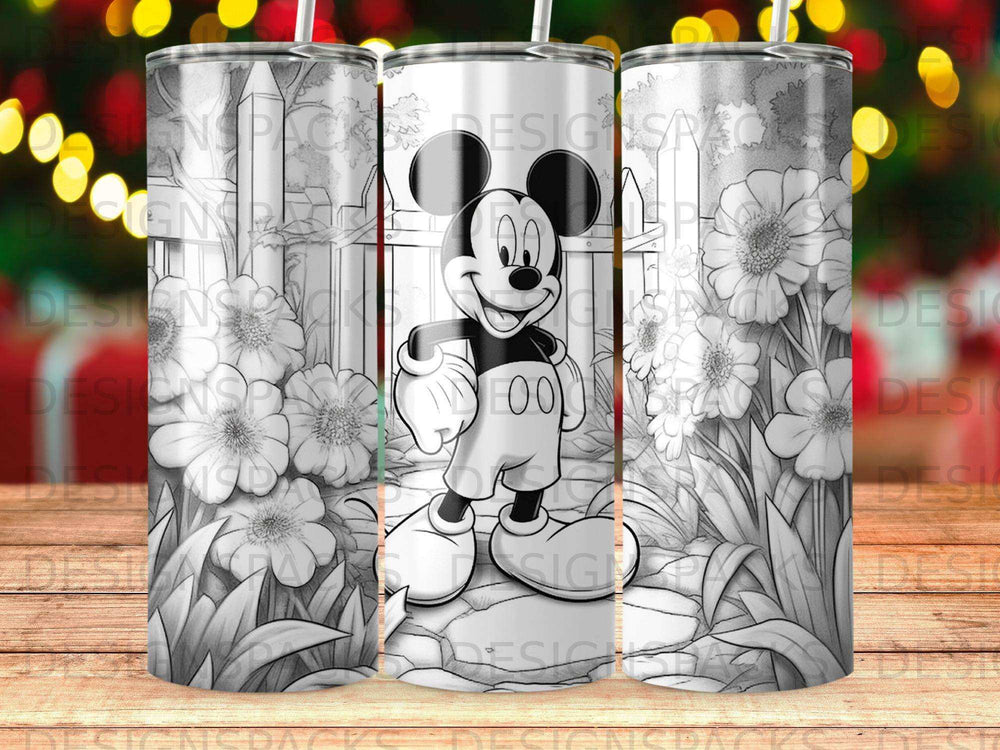 Mickey Mouse in a garden scene with flowers and fence.
