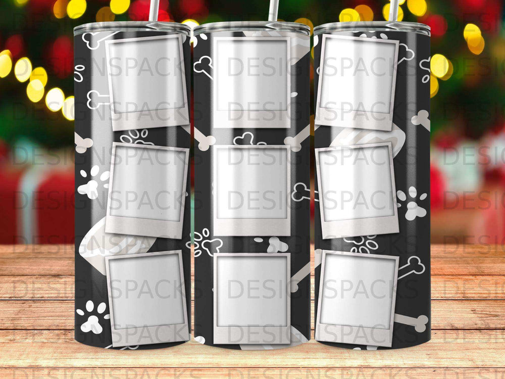 Black tumbler with paw print collage and bokeh background.