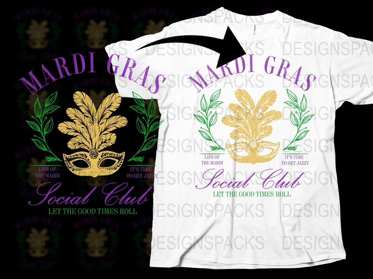 Mardi Gras Social Club T-Shirt, White Graphic Tee, Masquerade Mask Print, Festive Party Apparel, Unique Carnival Design, Cotton Shirt