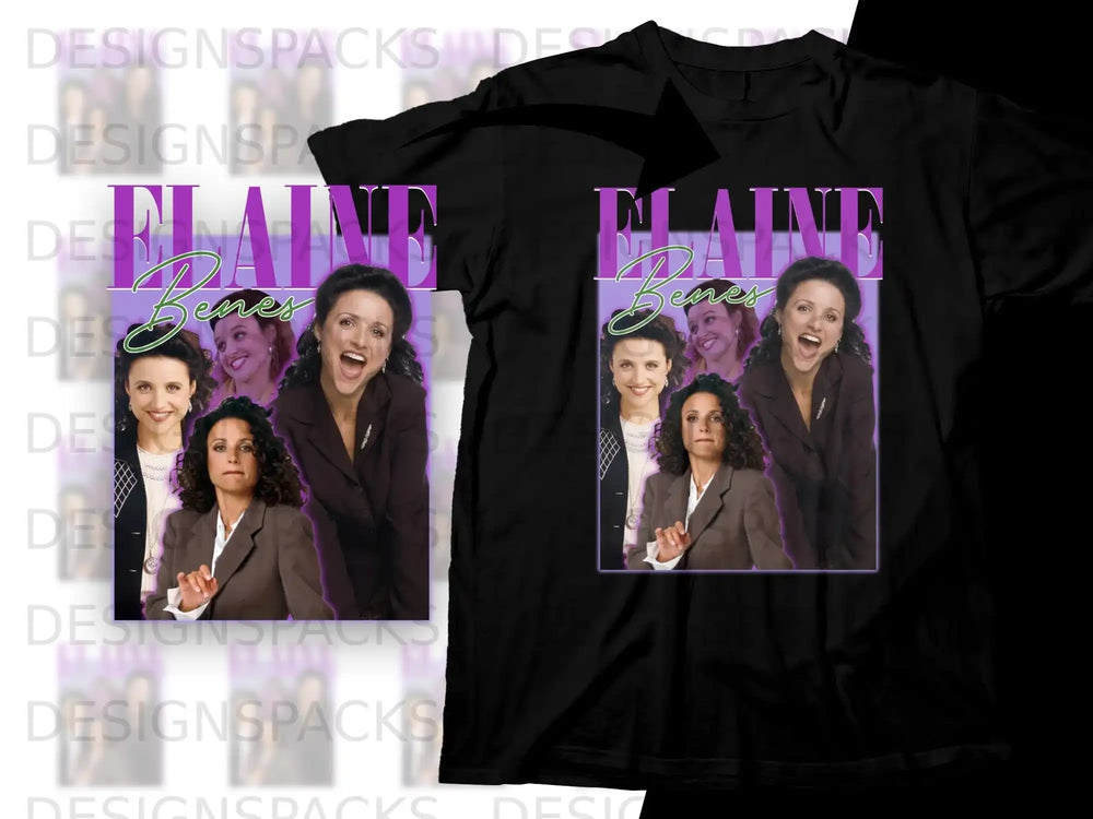 Black t-shirt featuring a collage of Julia Louis-Dreyfus as Elaine Benes.