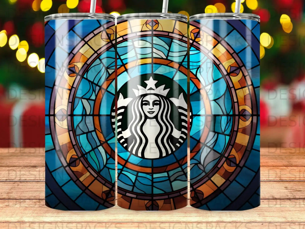 Starbucks logo on a stained glass tumbler with bokeh lights background.