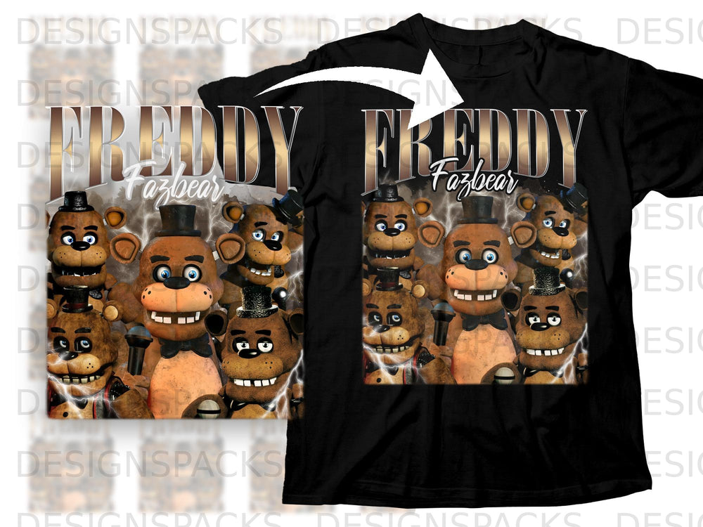 Freddy Fazbear graphic with lightning and a group of animatronic bears.