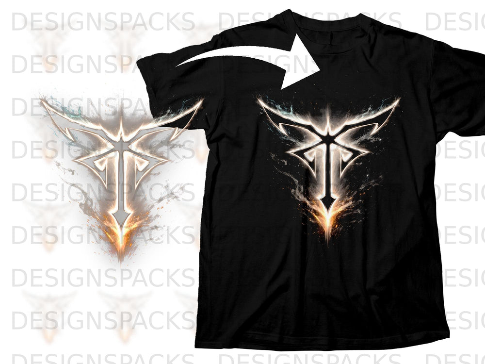Black t-shirt featuring a glowing, stylized winged emblem with fiery accents.
