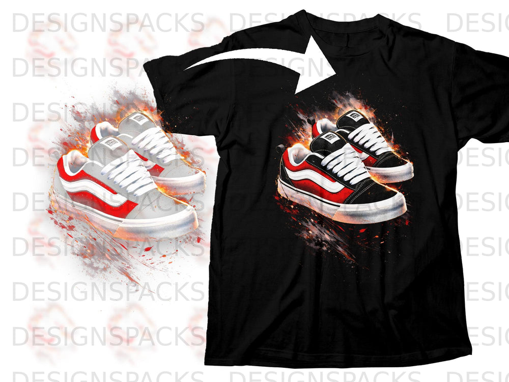 Black t-shirt with a graphic of red and white Vans shoes on fire.