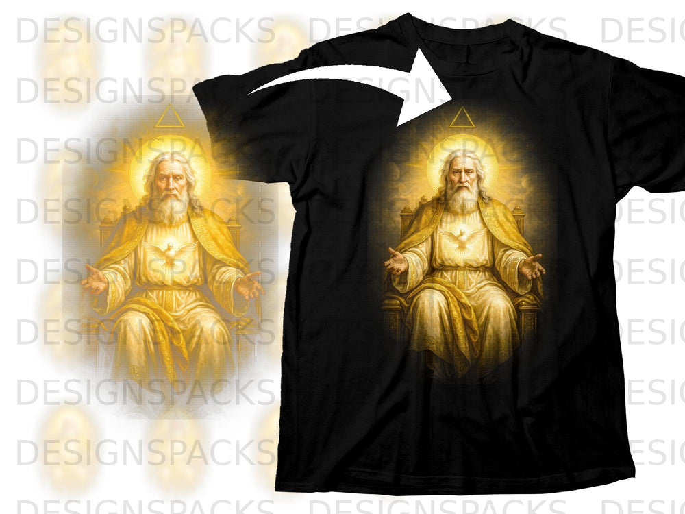 Black t-shirt featuring a golden illustration of God with a dove and halo.