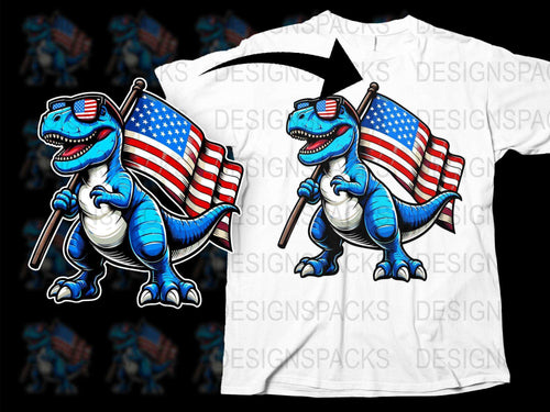 Patriotic Dinosaur T-Shirt with American Flag, 4th of July Graphic Tee, Fun USA Flag Dino Shirt for Kids and Adults