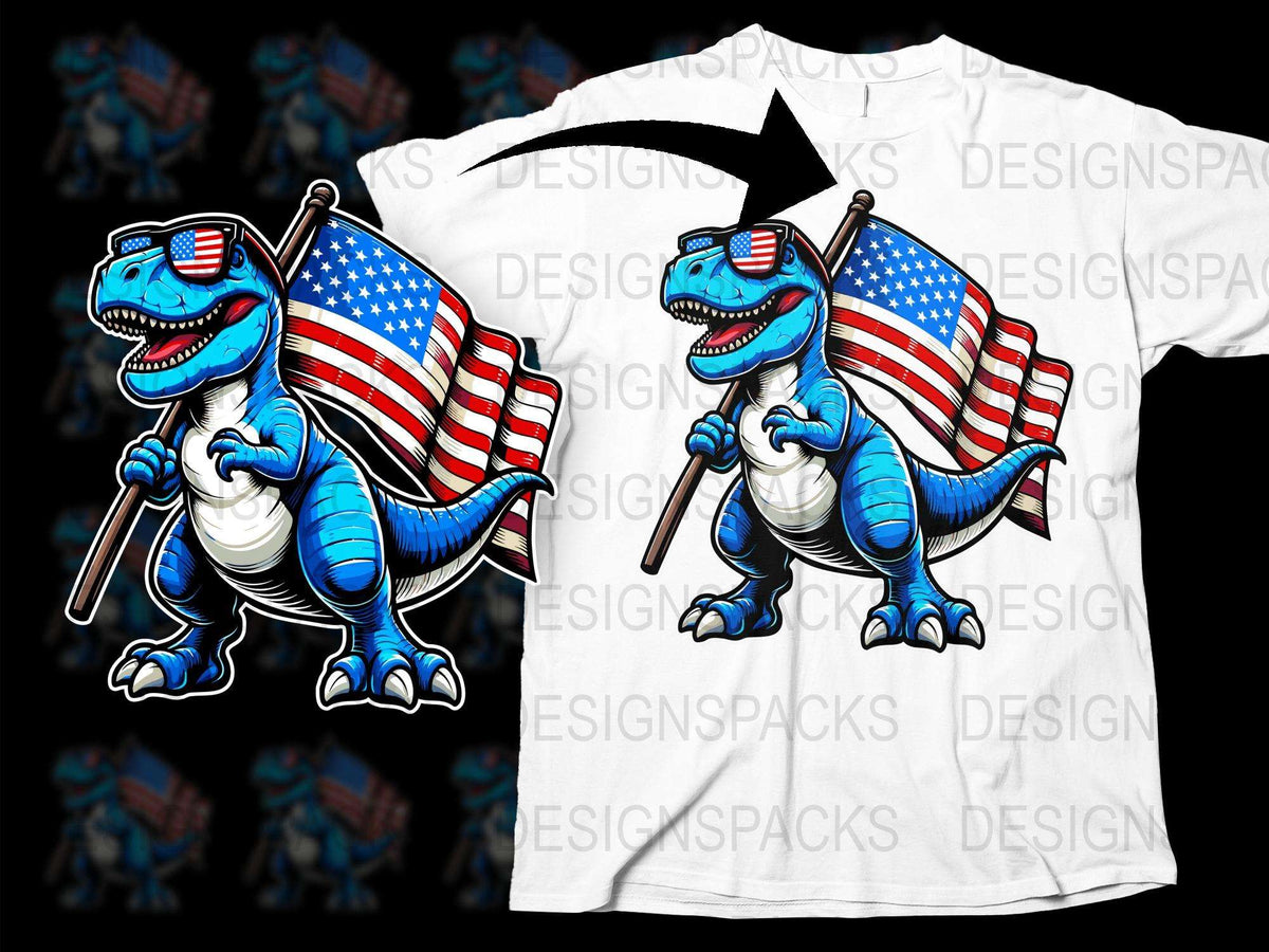 Patriotic Dinosaur T-Shirt with American Flag, 4th of July Graphic Tee, Fun USA Flag Dino Shirt for Kids and Adults