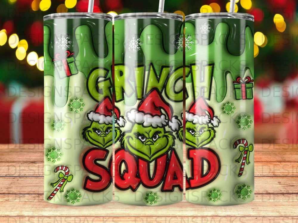 Grinch Squad tumbler with candy cane and snowflake graphics.