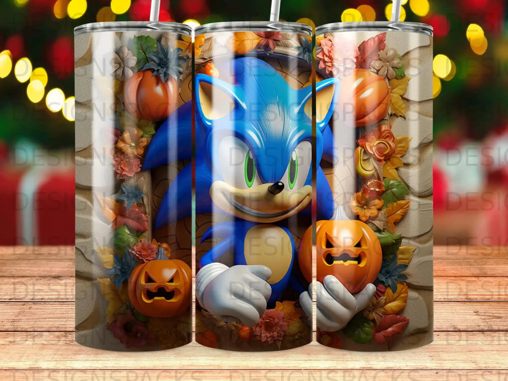 Sonic the Hedgehog character holding a carved pumpkin, surrounded by autumn leaves and pumpkins.