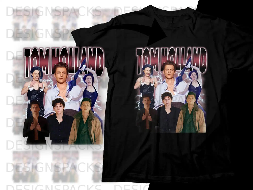 Black t-shirt with collage of Tom Holland in various outfits.