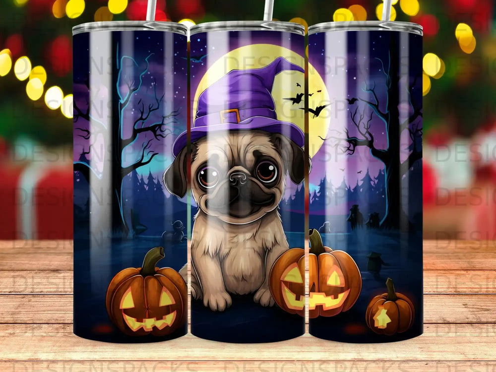 Cute pug in witch hat with pumpkins on a spooky night background.
