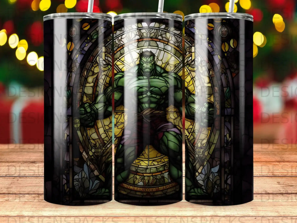Stained glass Hulk design on a tumbler with bokeh background.