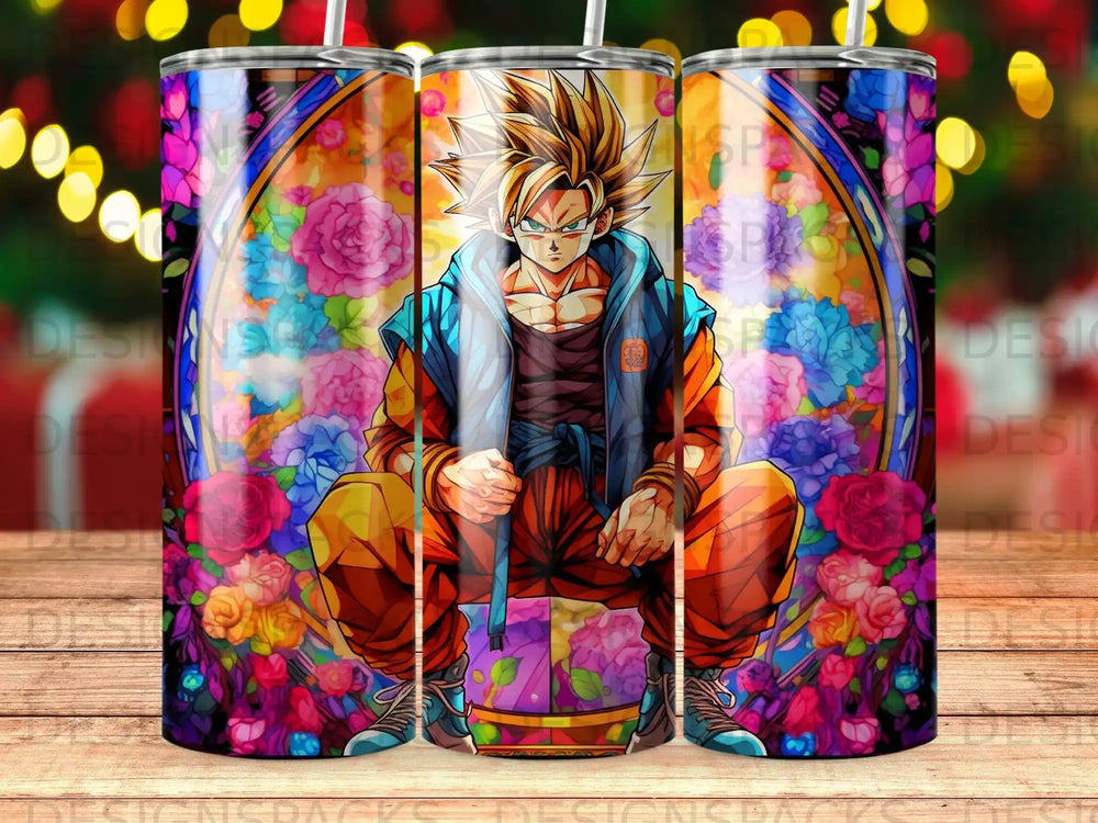 Goku from Dragon Ball Z crouches in front of a floral stained glass window.