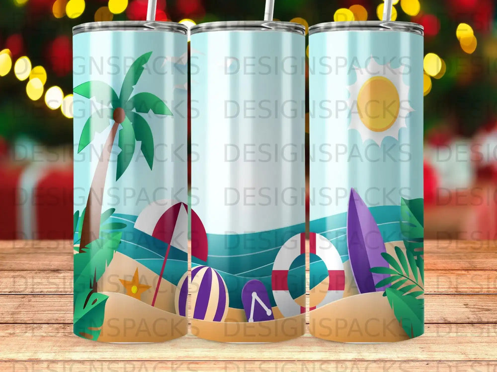 Beach scene with palm trees, beach ball, and flip flops on a patterned background.