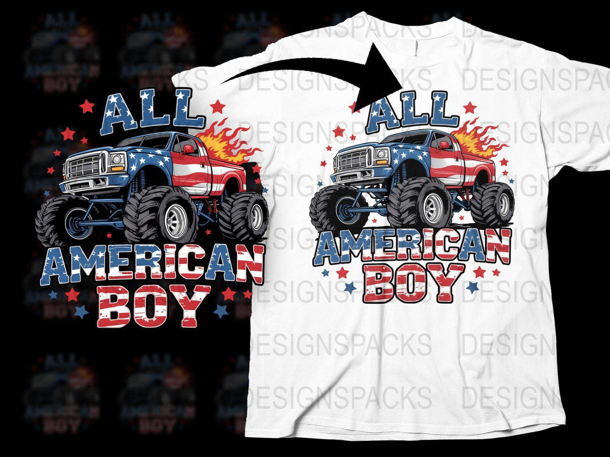 All American Boy Monster Truck T-Shirt, Patriotic Kids Graphic Tee, Boys' Fire Truck Shirt, USA Flag Design