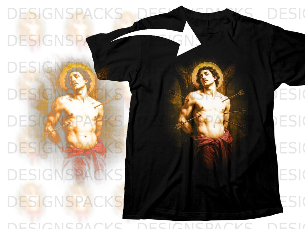 Black t-shirt with artwork of Saint Sebastian pierced by arrows.
