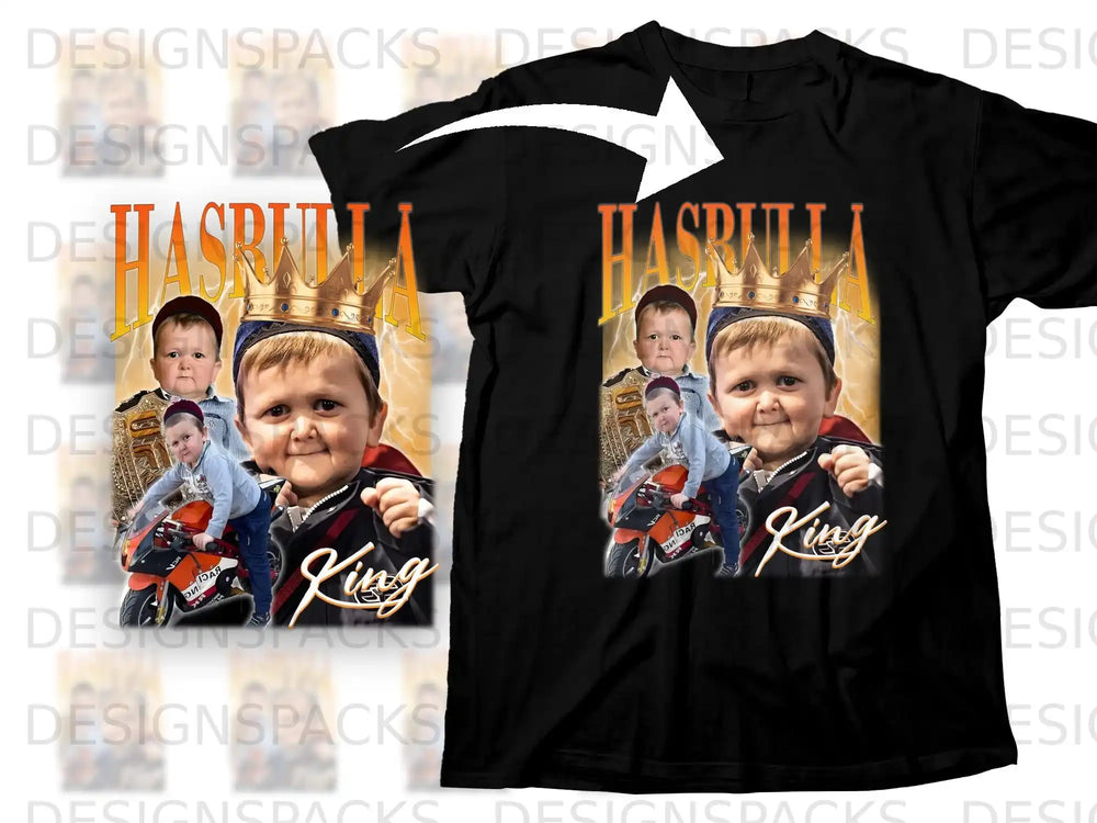 T-shirt graphic of Hasbulla wearing a crown and riding a miniature dirt bike.