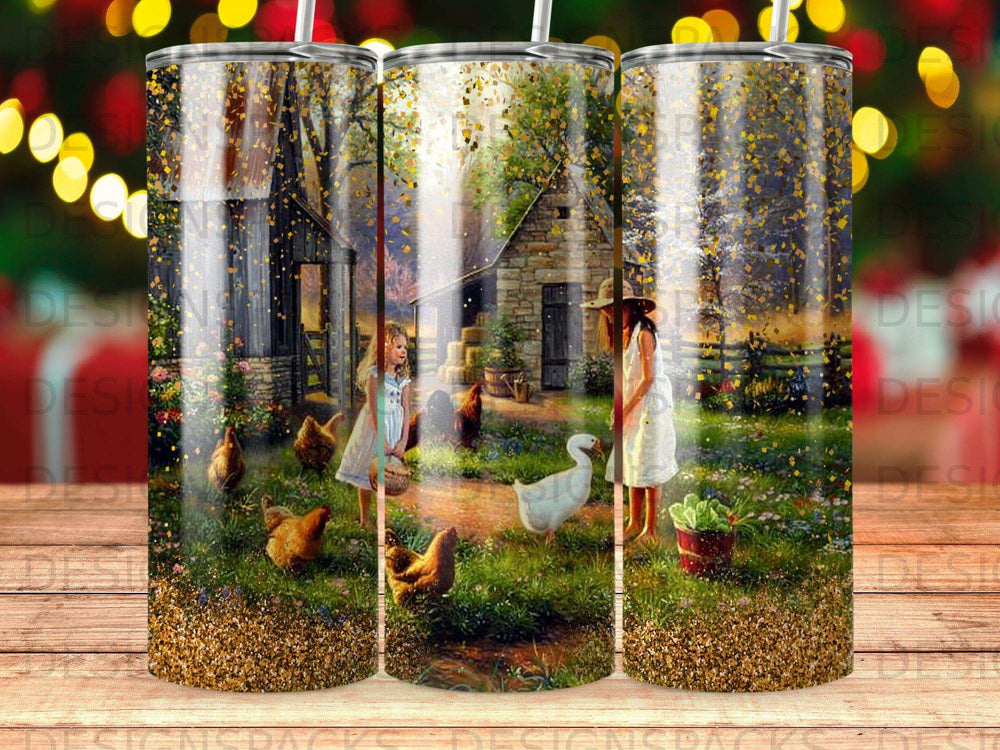 Rustic farm scene with chickens and a goose under a glittery overlay.