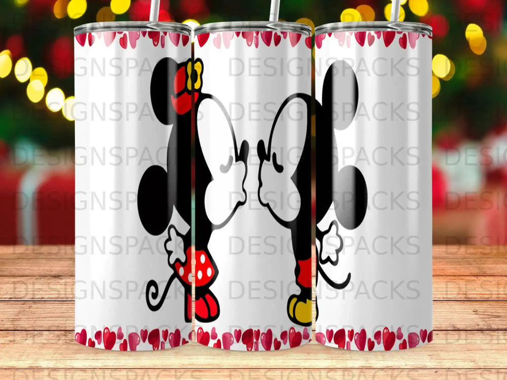 Mickey and Minnie Mouse kissing on patterned tumblers.
