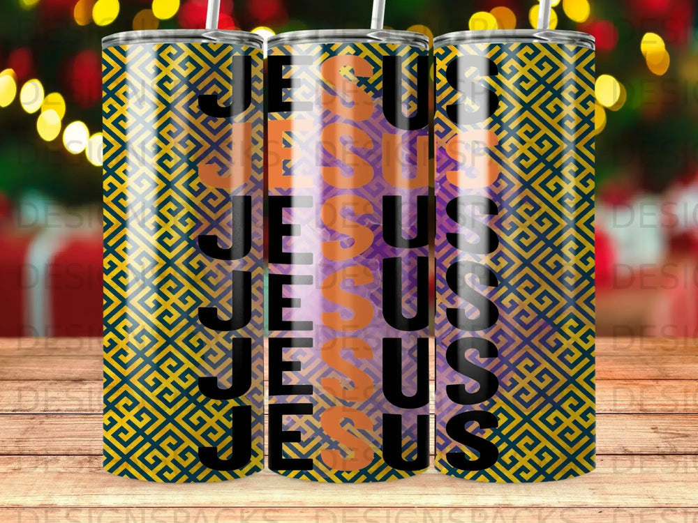 Three tumblers with repeating "Jesus" text and a geometric pattern.
