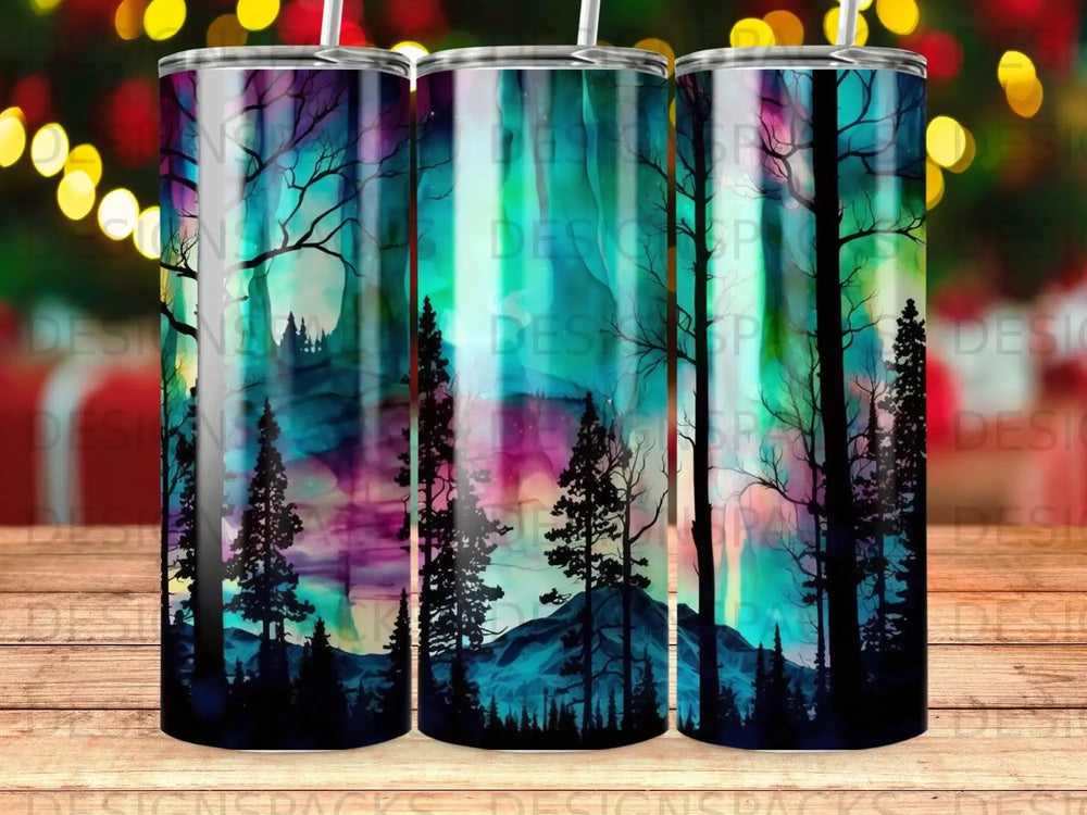 Aurora borealis over a dark forest and mountains.