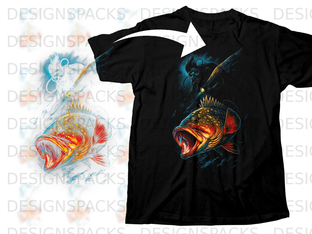 Black t-shirt with a diver and fish illustration.