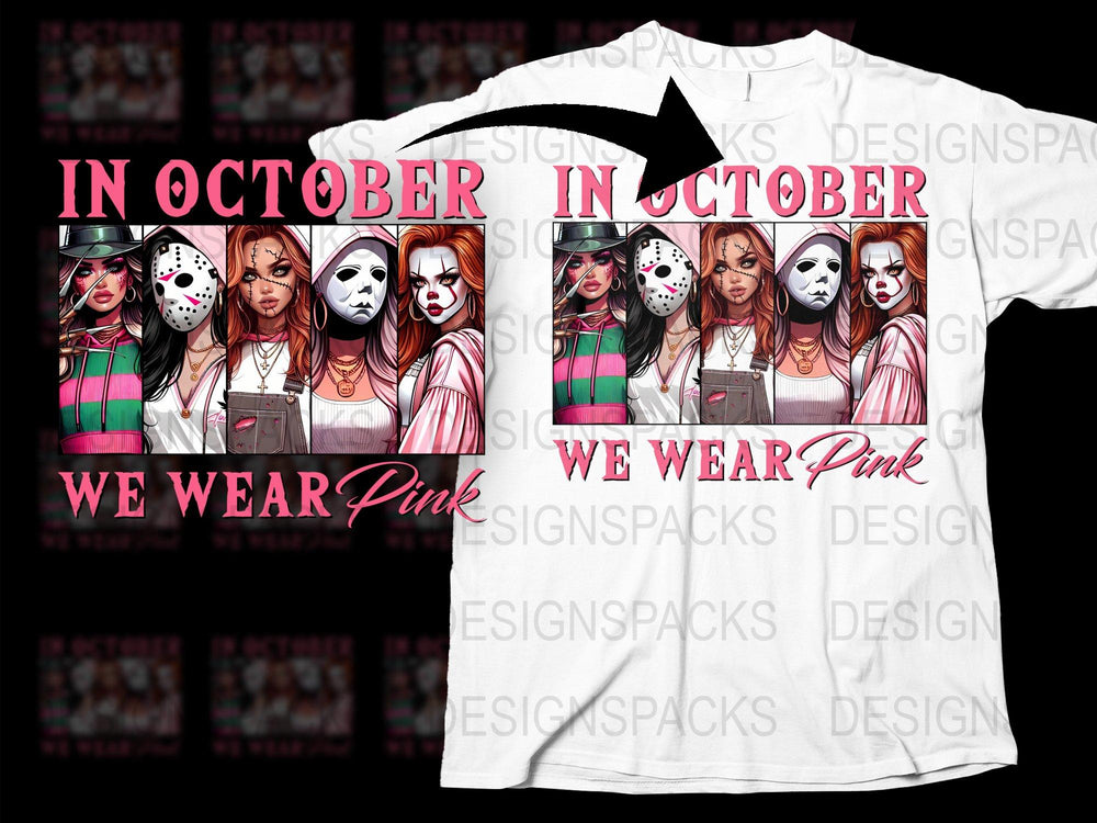Halloween Horror Characters T-Shirt, In October We Wear Pink, Scary Movie Fans Tee