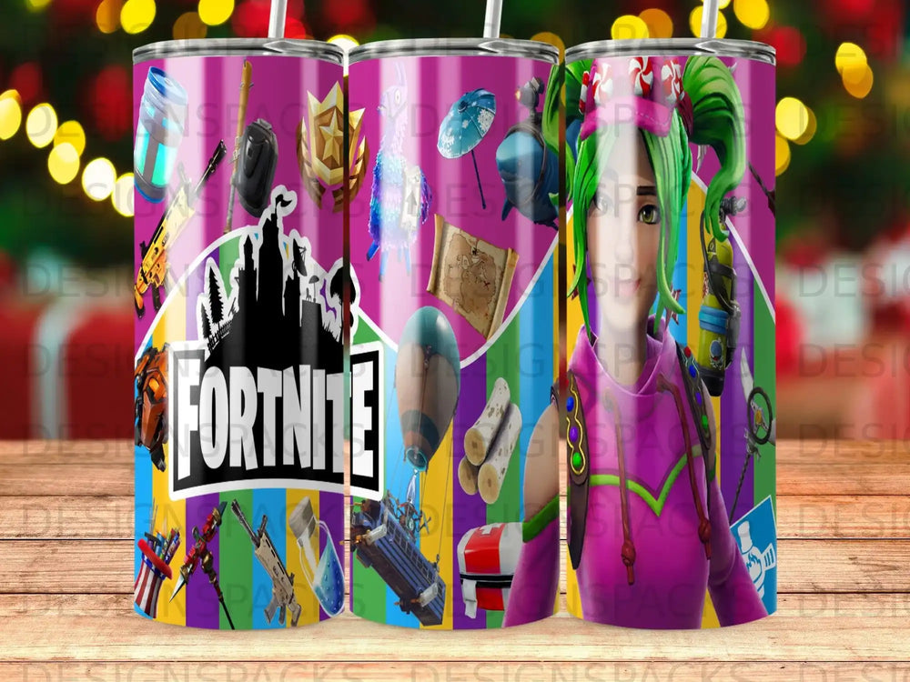 Fortnite game characters and icons on a purple tumbler.