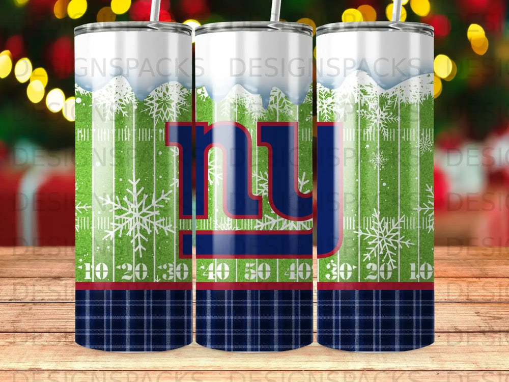 New York Giants tumbler with snowflake and plaid design.