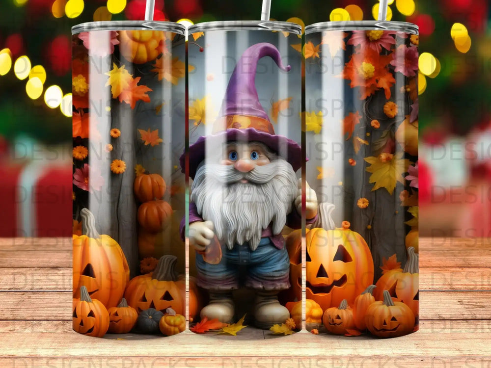 Gnome with pumpkins and autumn leaves on a tumbler.