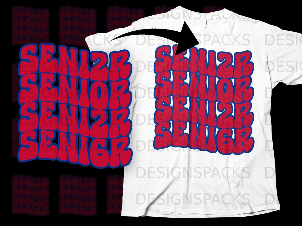 White t-shirt with "SENIOR" repeated in red bubble letters outlined in blue.