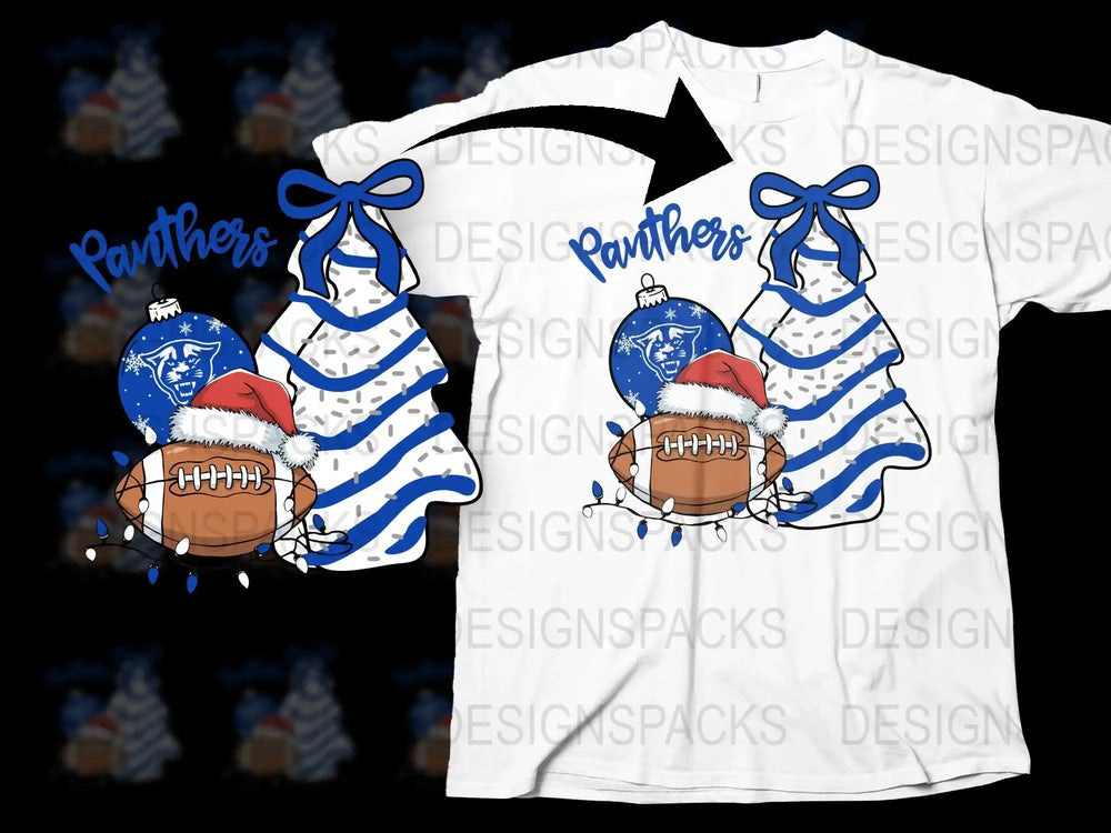 Panthers Football Christmas T-Shirt, Festive Holiday Sports Design, Blue and White Graphic Tee