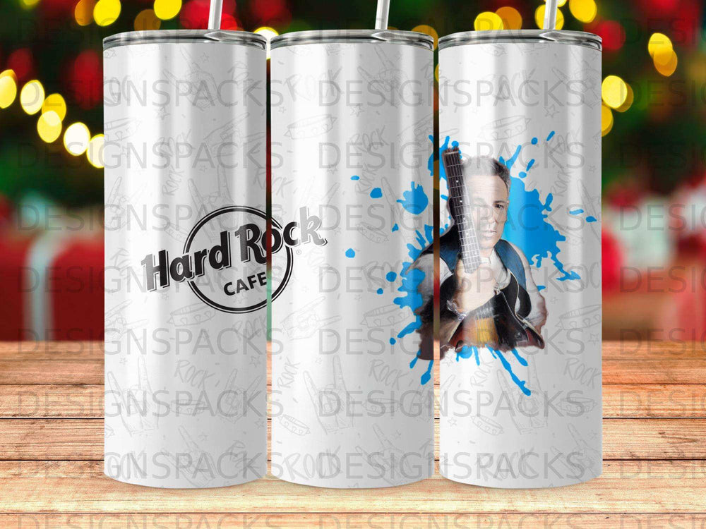 Musician with guitar on a Hard Rock Cafe tumbler with abstract blue paint splatters.