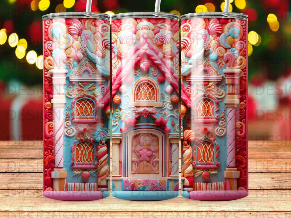 Candy gingerbread house with colorful candy cane accents and decorative piping.