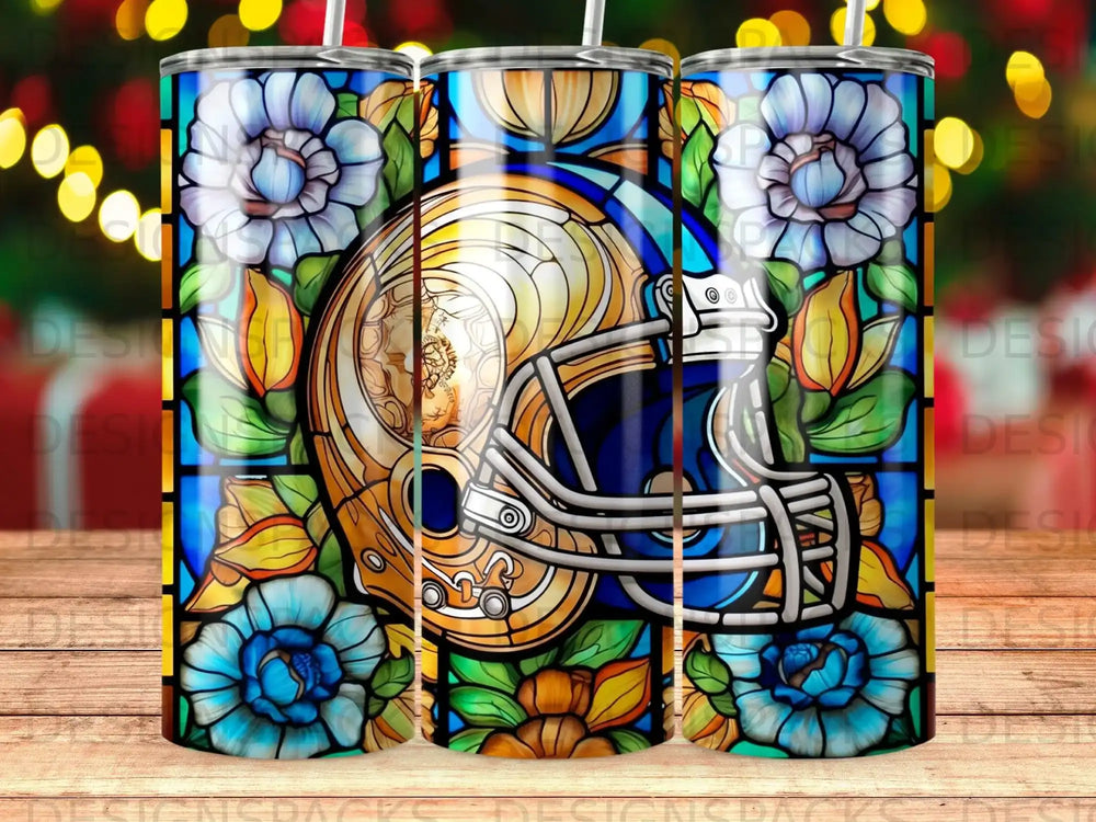 Stained glass-style Los Angeles Rams helmet surrounded by blue and yellow flowers.