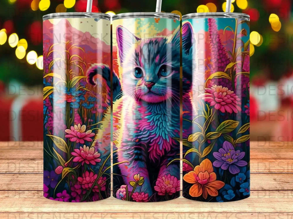 Kitten with vibrant floral background and colorful accents.