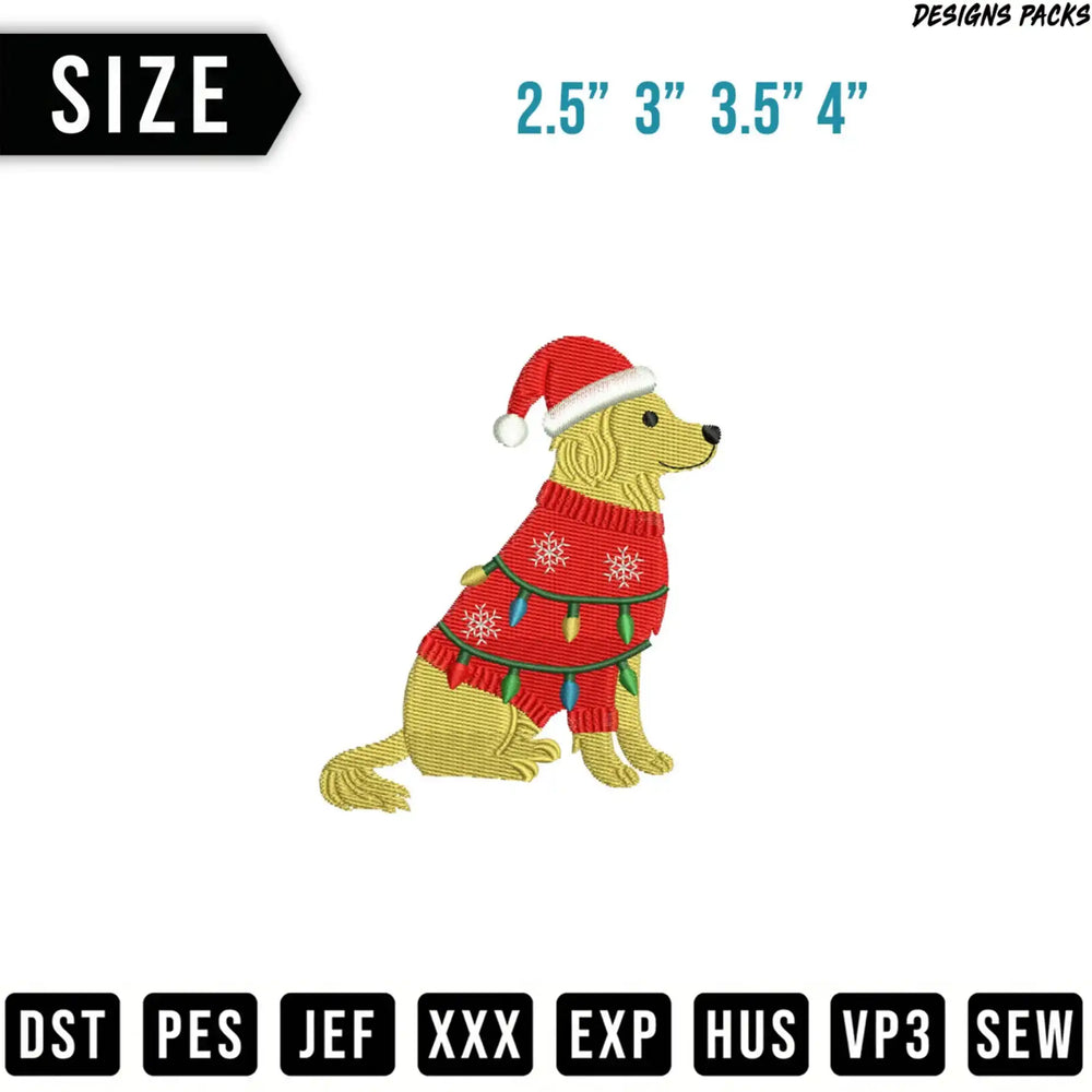 Golden Retriever wearing a Santa hat and Christmas sweater, embroidery design.