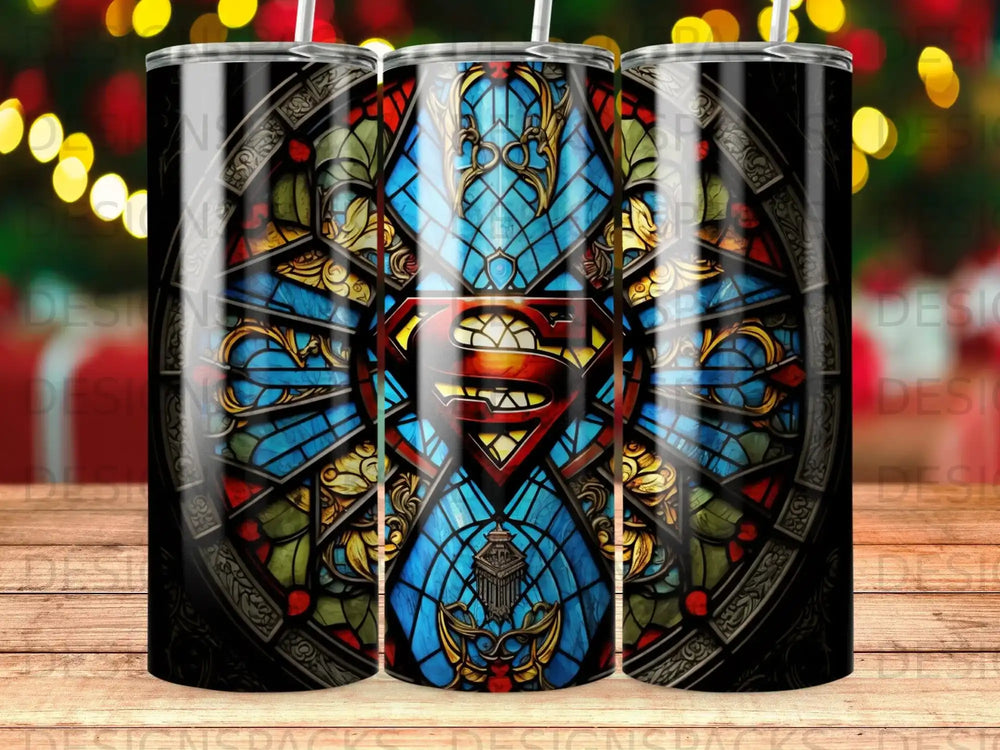 Stained glass Superman logo in a circular design with blue, red, and gold colors.