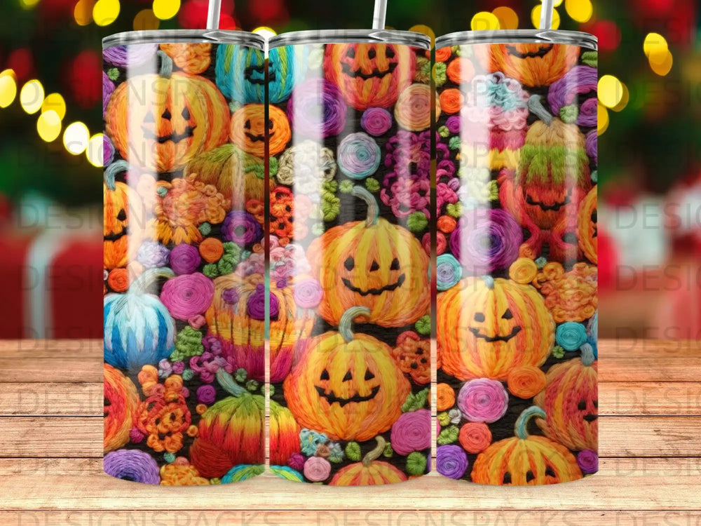 Colorful Halloween pumpkins and floral designs in a repeating pattern.