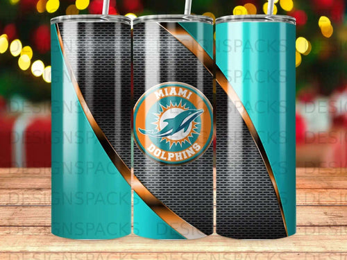 Miami Dolphins tumbler with team logo and orange and blue accents.