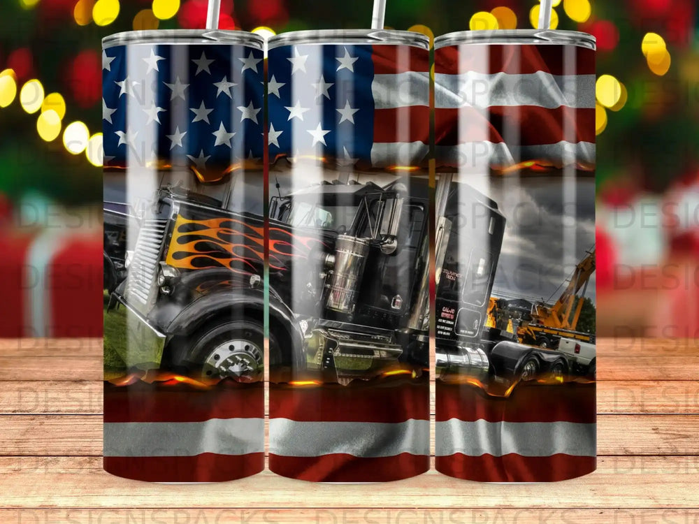 Black semi-truck with American flag and flames design, on wooden background.