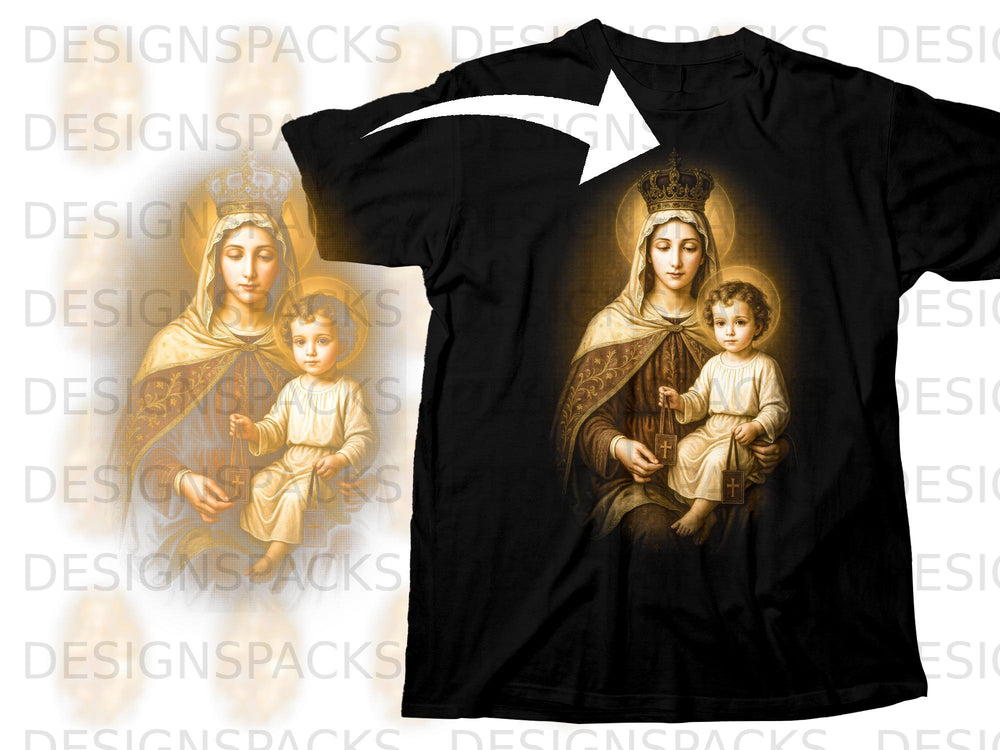 Black t-shirt with religious artwork of Mary and Jesus, crowned.