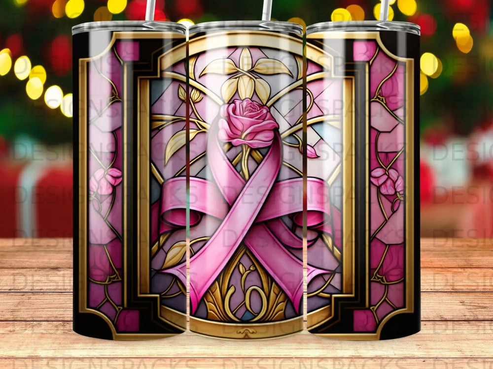 Pink ribbon and rose stained glass pattern on tumbler.