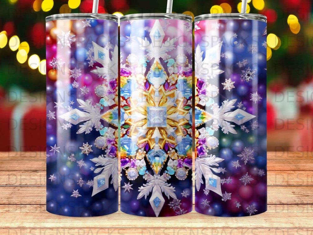 Glittery snowflake tumbler with colorful jewels and bokeh background.