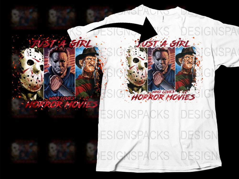 Just a Girl Who Loves Horror Movies T-Shirt, Jason Freddy Graphic Tee, Horror Fan Gift